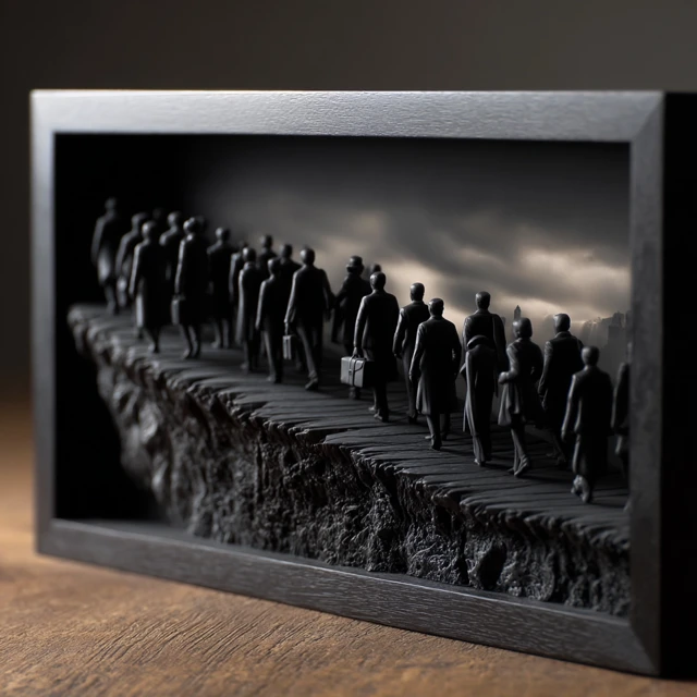 3D Sculpture of Businessmen Walking to a Cliff