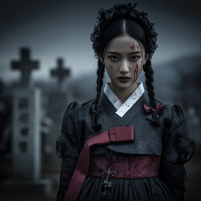 Korean Zombie Woman in Hanbok Cemetery Scene