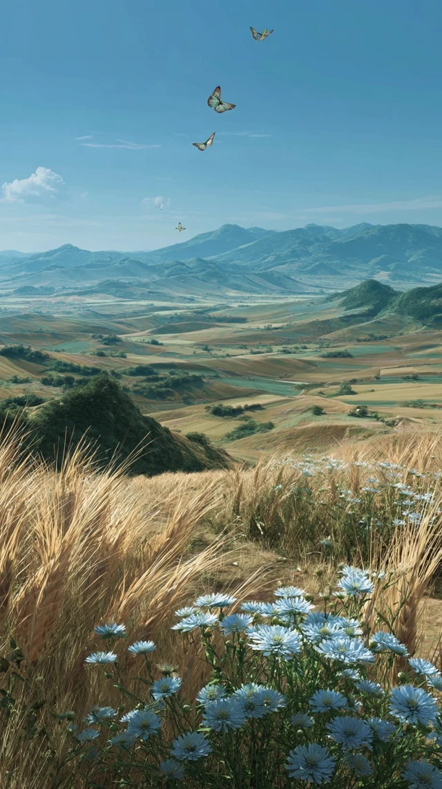 Wheat Field Landscape with Mountains and Flowers