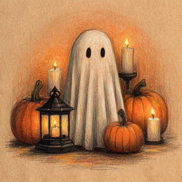 Cute Halloween Ghost with Pumpkins and Lanterns