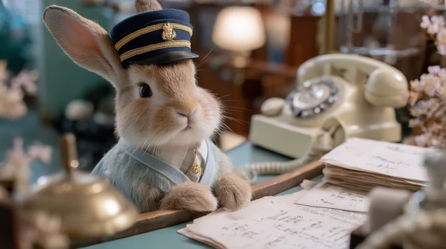 Cute Bunny in Uniform Answering Phone