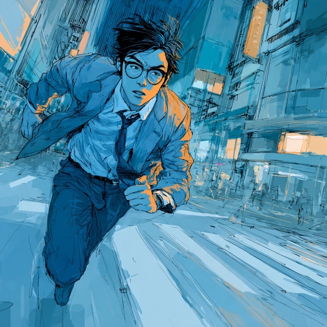 Japanese Man Running in City Manga Style Modern Art