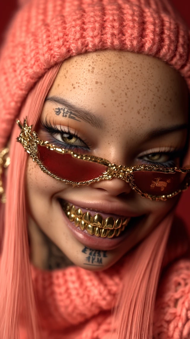 Pink Hair Girl with Golden Teeth Face Tattoo Crown