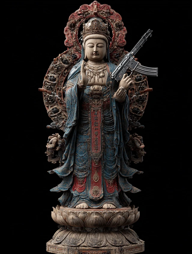 Bodhisattva Buddha Statue with Gun Photo Realistic