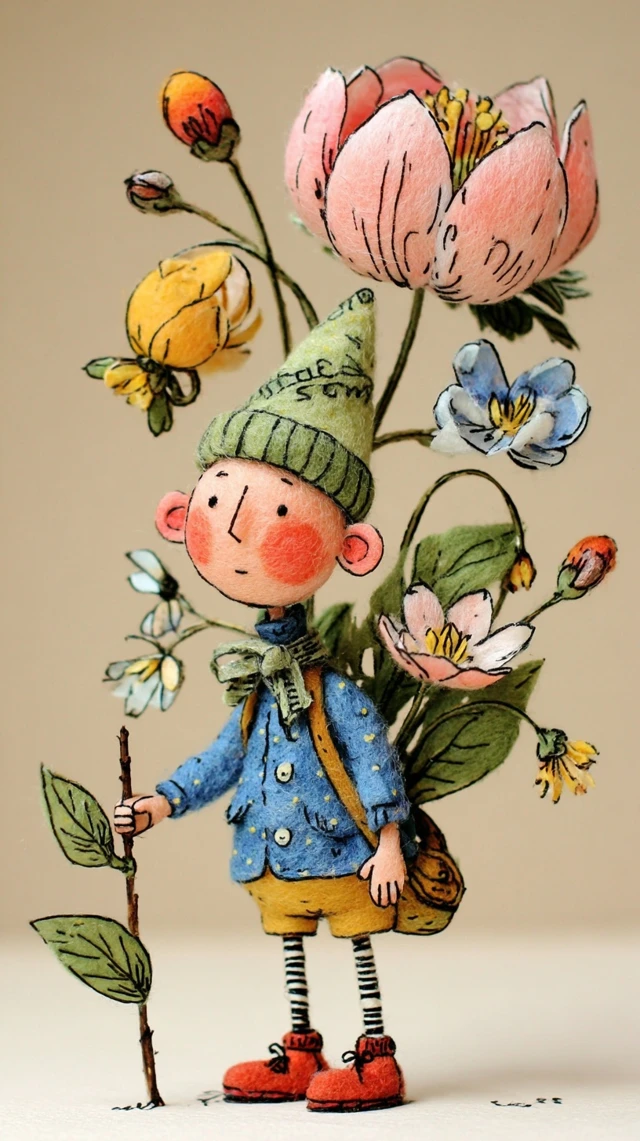 Cute Felted Elf in a Floral Forest