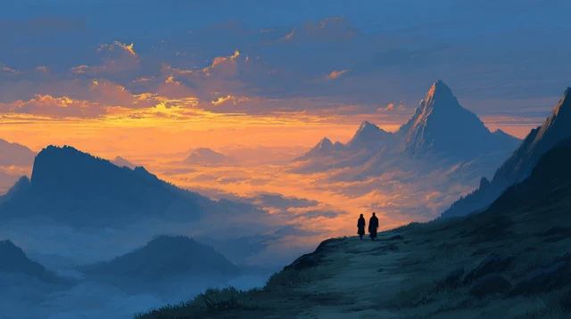 Misty Mountains Sunset: Contemplative Scene