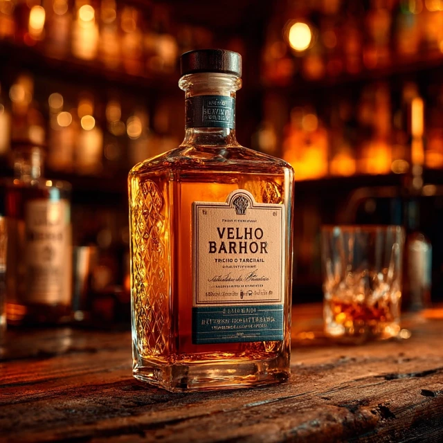 Velho Barreiro Cachaça Bottle in Rustic Bar Setting