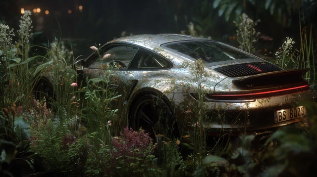 Abandoned Car Reclaimed by Nature Realistic Art