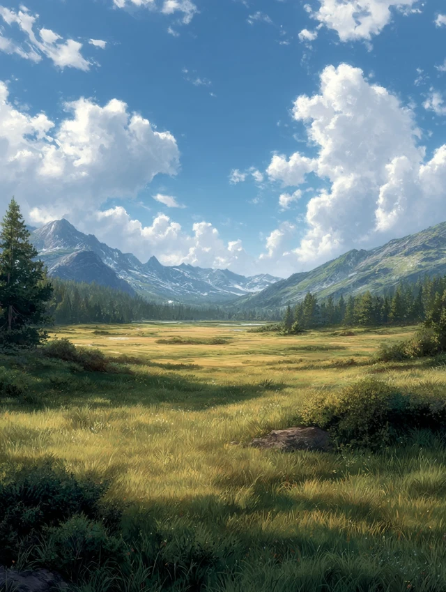 Grassy Field Forested Mountains and Blue Sky Landscape