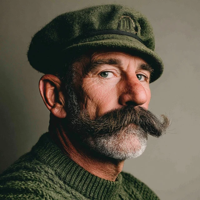 British Man Green Military Cap and Mustache