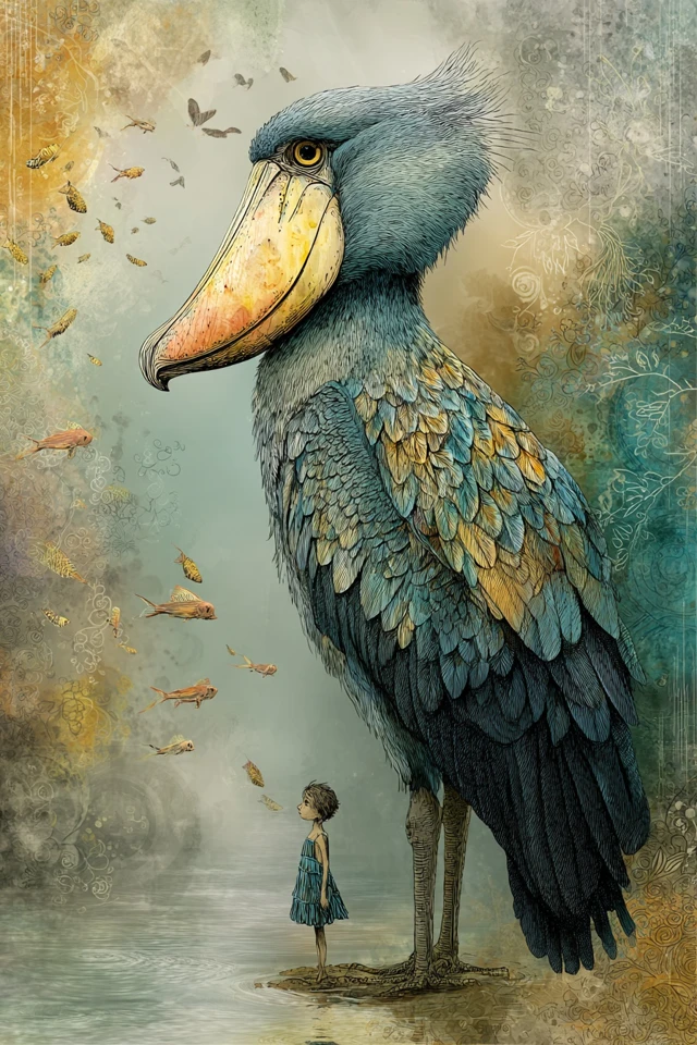 Shoebill Bird Girl and River Surreal Art