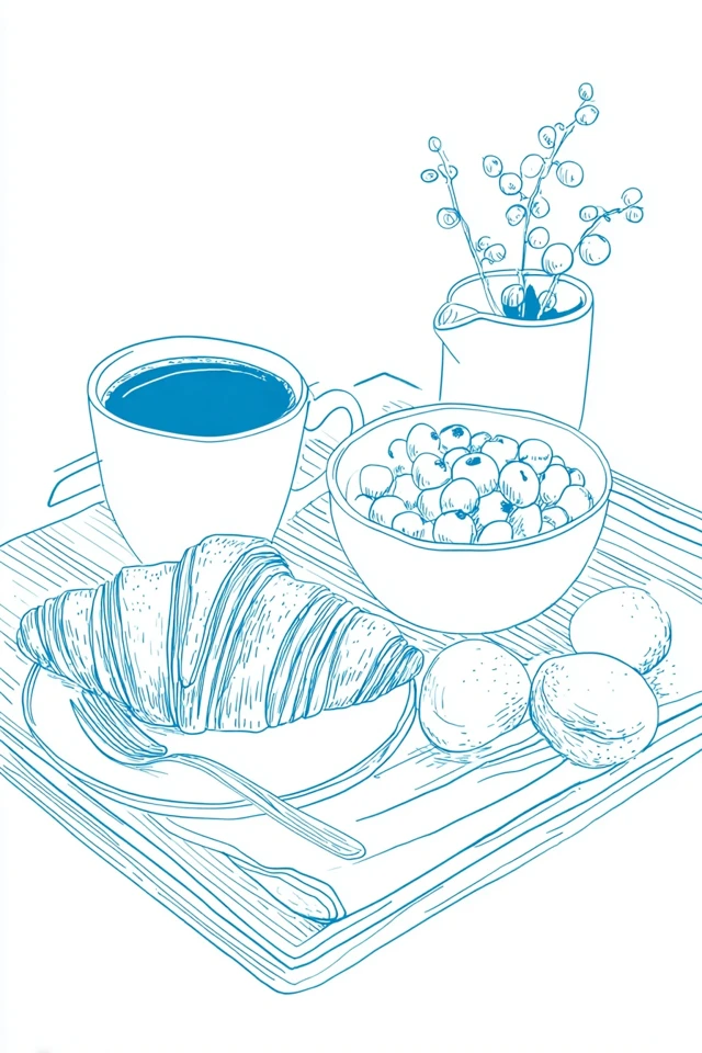 Breakfast Line Drawing Croissant Coffee Berries