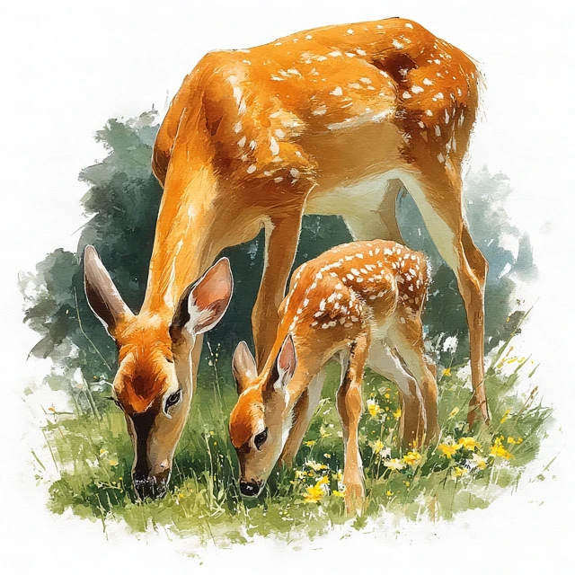 Watercolor Deer Illustration Mother and Fawn Grazing