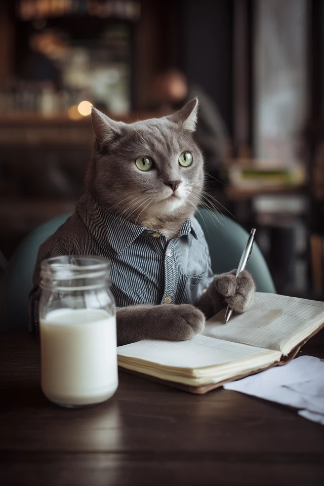 Humanised Cat Taking Notes in Cafe