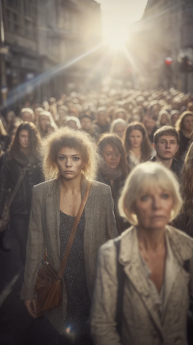 City Crowd: Multiethnic Faces, Dramatic Sunlight