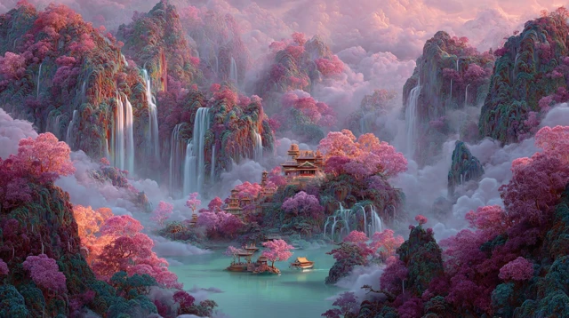 Chinese Mythology Peach Blossom Valley Scene Hyperrealism 8K