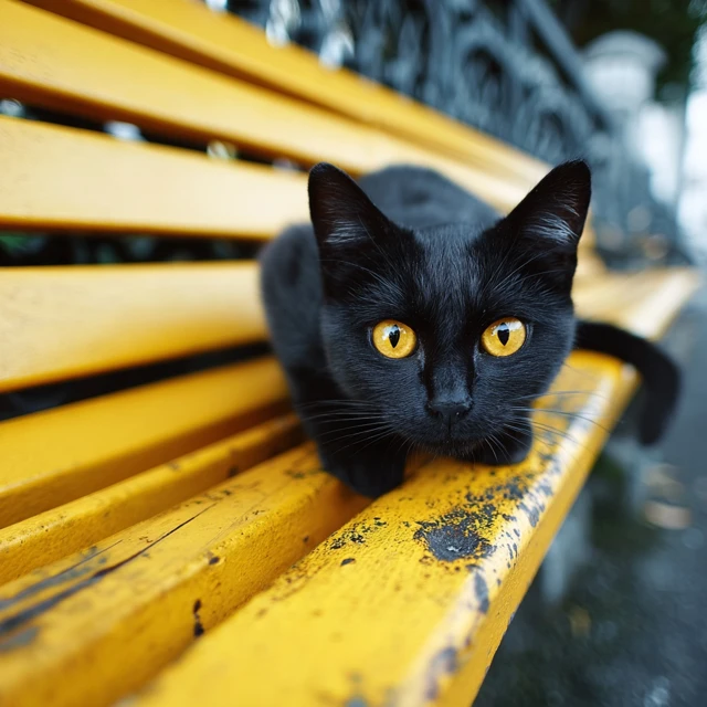 Black Cat Sitting on Yellow Bench