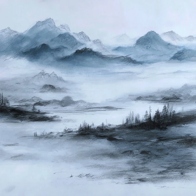 Chinese Mountain Landscape Pencil Sketch