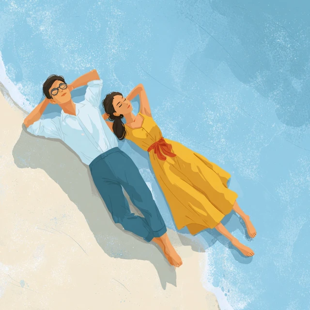 Couple Relaxing on Beach Cartoon Illustration