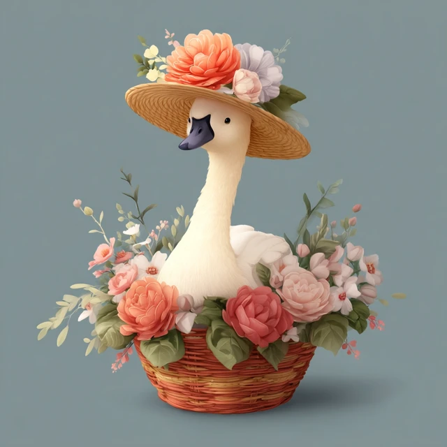 Cute Swan in Flower Hat and Basket Illustration