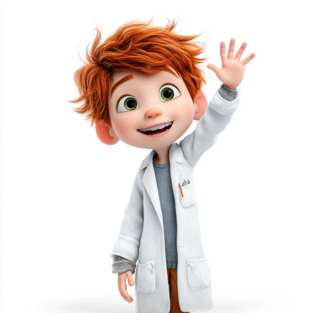 Pixar Boy in Lab Coat Smiling and Waving