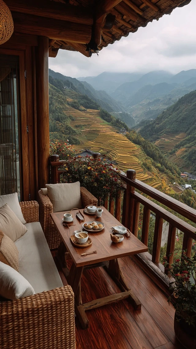 Mountain Balcony Serenity Terraced Fields Tea Time