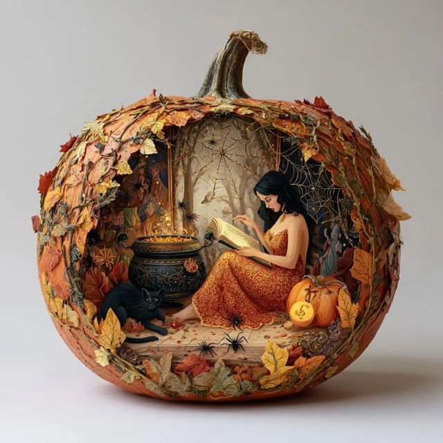 Halloween Pumpkin Witch and Cat Scene Art