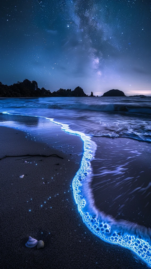Bioluminescent Beach Night Scene Photography