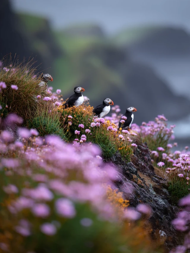 Puffins in Iceland Coastal Grassland