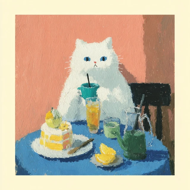 Cute Cat with Cake Drinking Milk Tea
