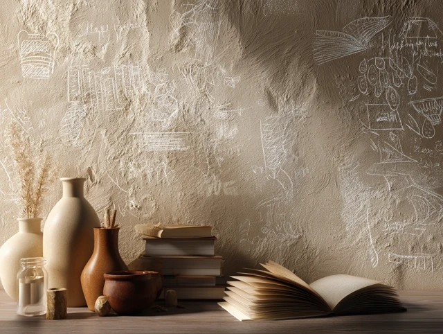 Chalk Doodles Wall with Books and Vases 3D Illustration