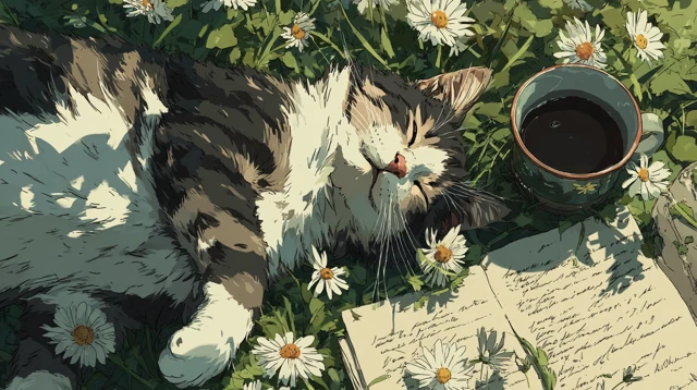 Cozy Cat in a Daisy Field Illustration