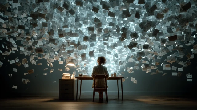 Woman at Desk Surrounded by Mail Icons