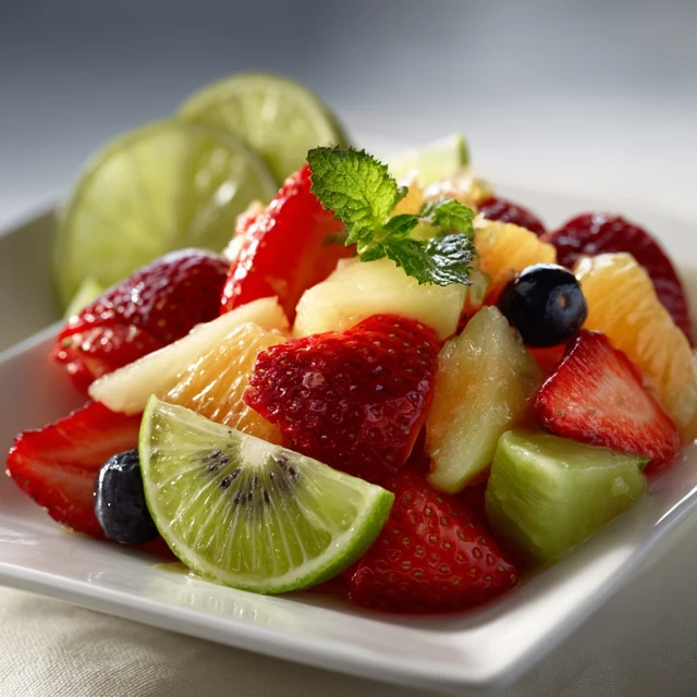 Delicious Fruit Salad with Honey Lime Dressing Photorealistic