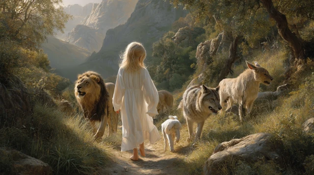 Childs Peaceful Walk with Animals in Harmony