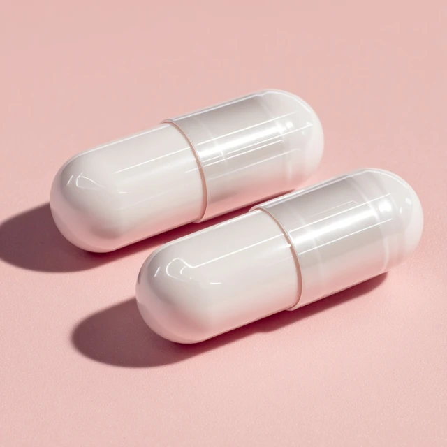 Two White Capsules on Pink Background
