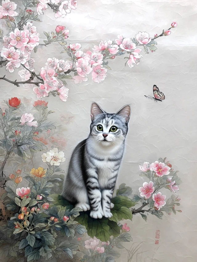Cat Butterfly Chinese Ink Painting