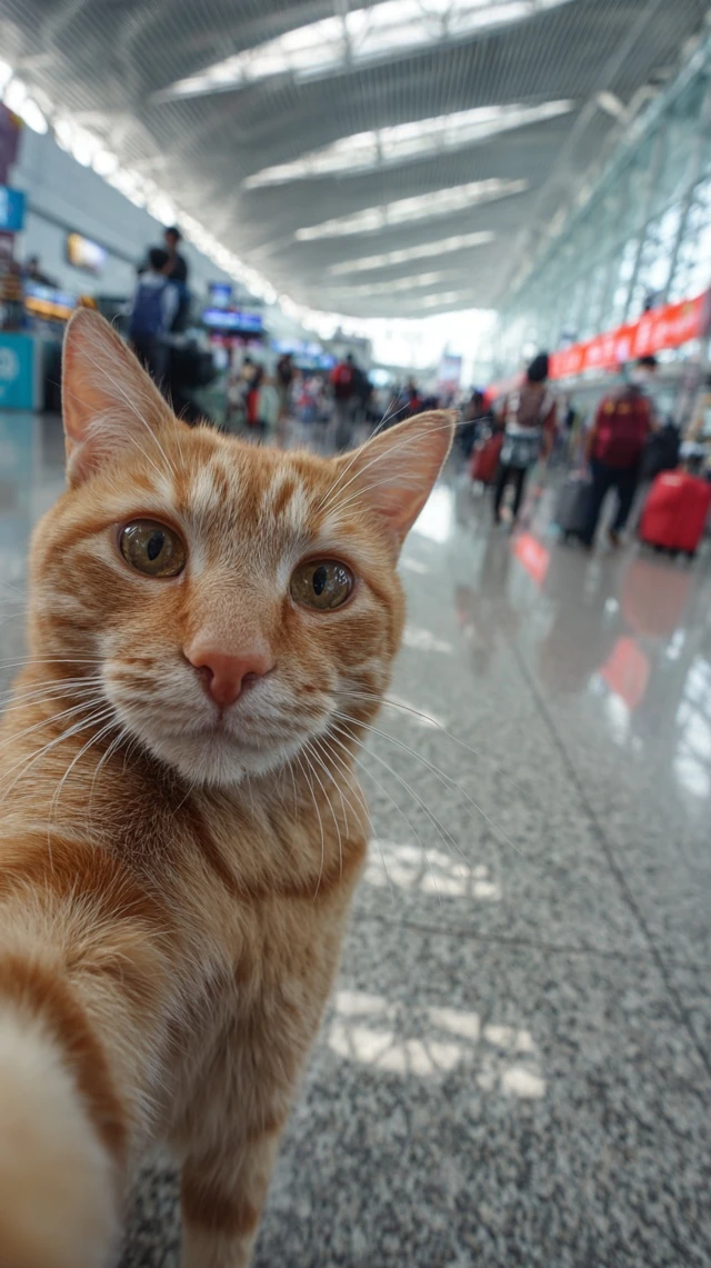 Cat Selfie at Airport Orange Tabby in China