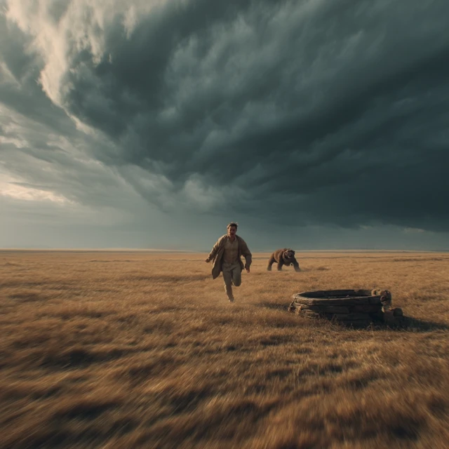 Terrified Traveler Russian Steppe Chased by Beast