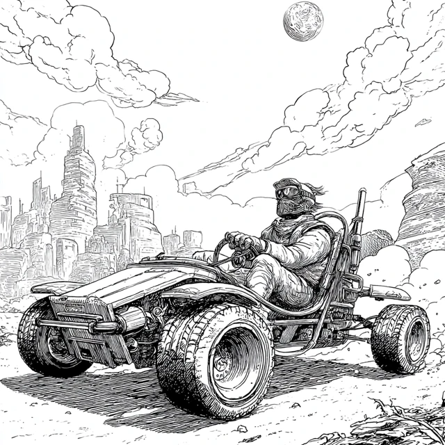 Shadow Pilot Driving Wasteland SciFi Tractor Coloring Page