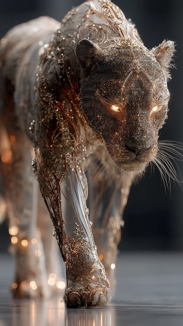 Diamond Lion: Majestic Gold and Gemstone Artwork