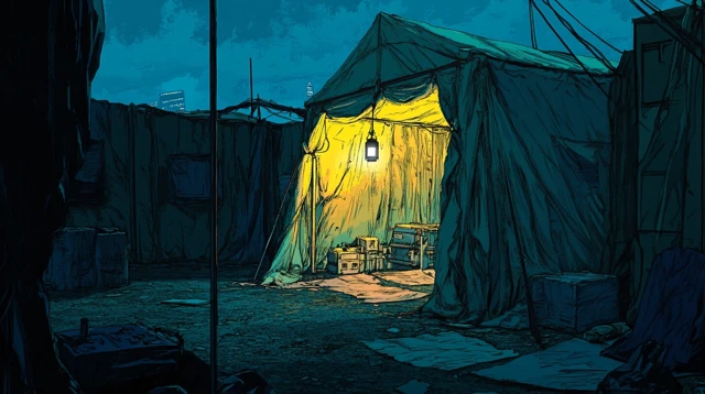 Cyberpunk Refugee Camp Tent Night Illustration