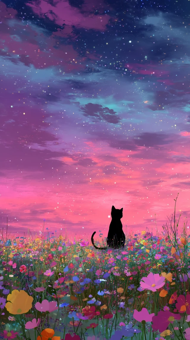 Black Cat in a Dreamy Meadow Art