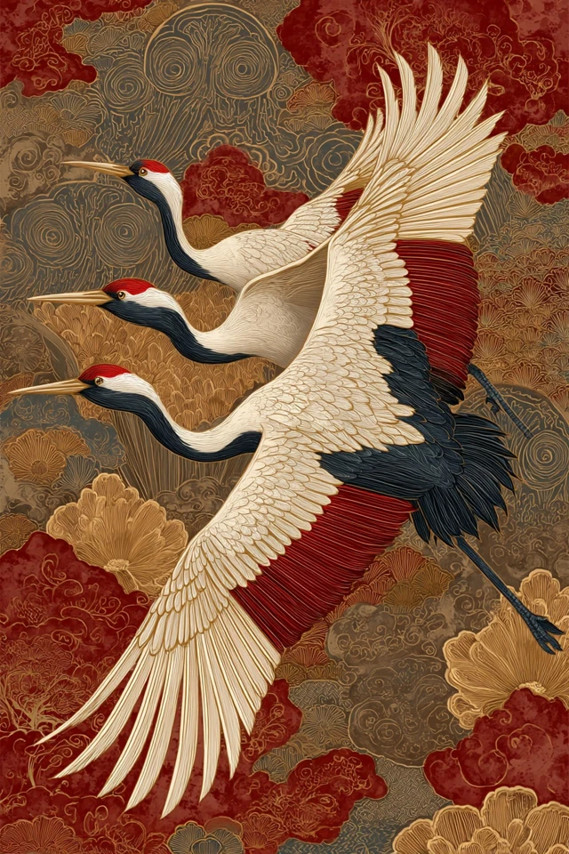 Red Crowned Cranes in Flight Chinese Art