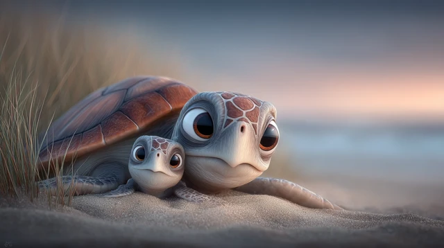 Cute Baby Sea Turtle on the Beach Pixar Style