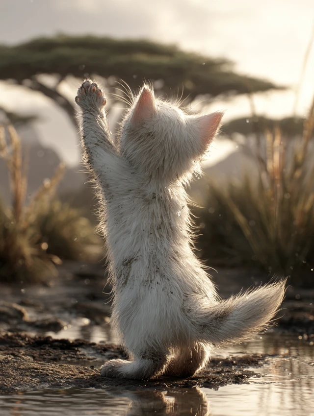 Tiny Kitten Cheers in Muddy Water African Savannah