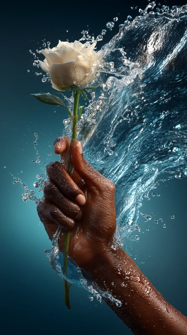 Hand with Rose and Water Cinematic Closeup