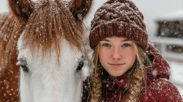 Girl in Red Coat Hugging White Horse in Winter