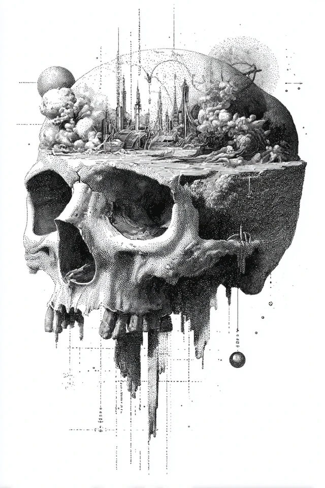Surreal Anatomical Skull Engraved Illustration