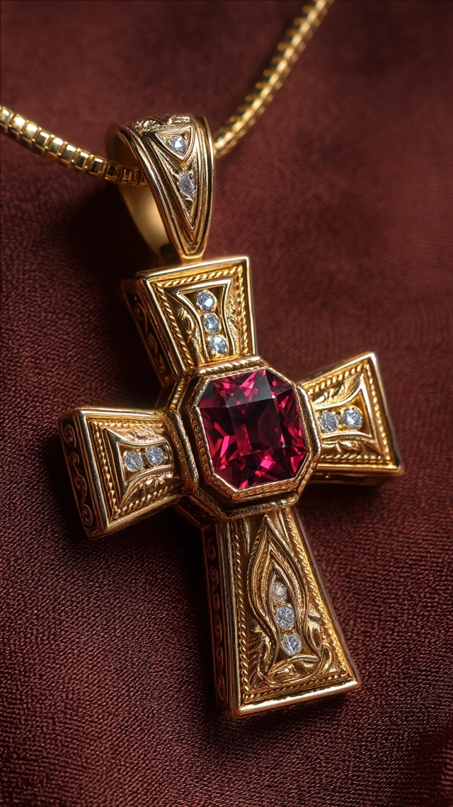Victorian Crusader Cross Necklace Red Spinel Diamond Gold